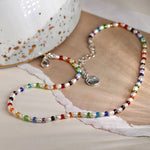 Cadwyn Gleiniau Gwydr Lliwiau'r Enfys | Silver Plated and Rainbow Glass Bead Necklace