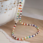 Cadwyn Gleiniau Gwydr Lliwiau'r Enfys | Silver Plated and Rainbow Glass Bead Necklace