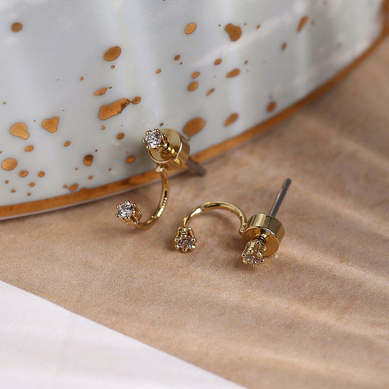Clustdlysau Crisial Dwbl - Aur | Golden Lobe Hugger Double Crystal Earrings