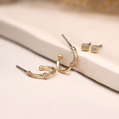Set o 2 Clustdlysau Crisial Styd a Hwp - Aur | Faux Gold Plated Crystal Stud & Sleeper Earring Duo