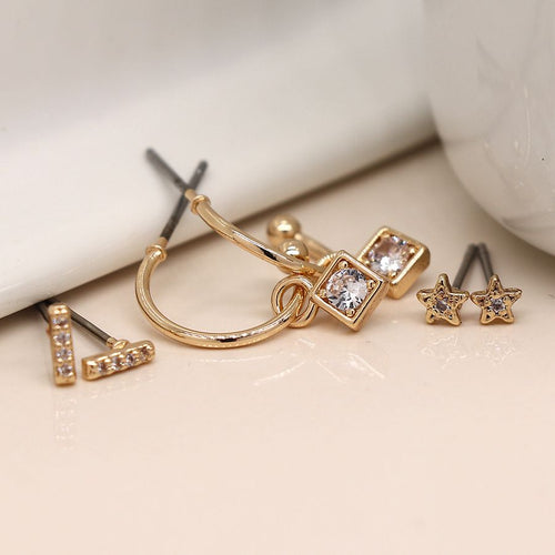 Set o 3 Clustdlysau Crisial - Aur | Faux Gold Plated Triple Crystal Stud and Hoop Set