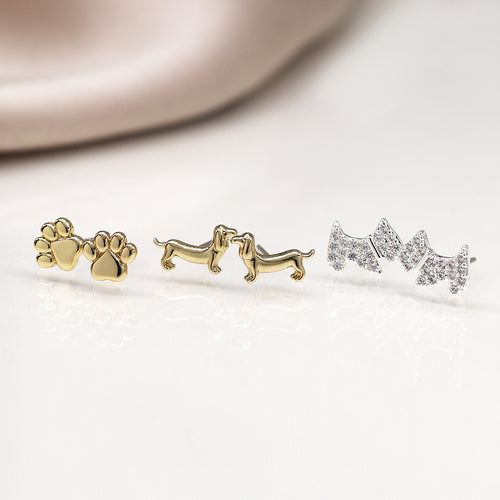 Set o Dri Clustdlysau Styd - Cŵn | Triple Stud Earring Set - Dogs & Paws