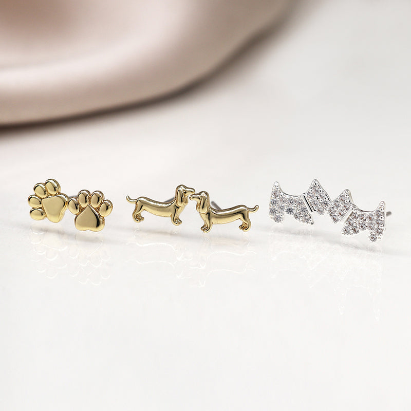 Set o Dri Clustdlysau Styd - Cŵn | Triple Stud Earring Set - Dogs & Paws