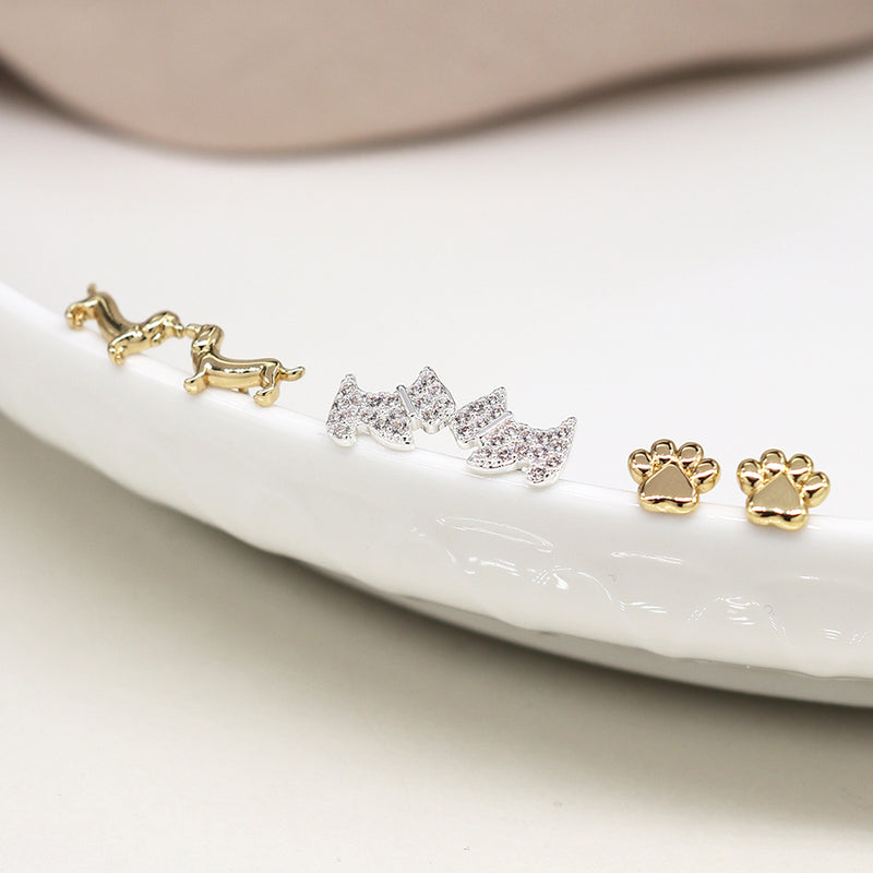 Set o Dri Clustdlysau Styd - Cŵn | Triple Stud Earring Set - Dogs & Paws