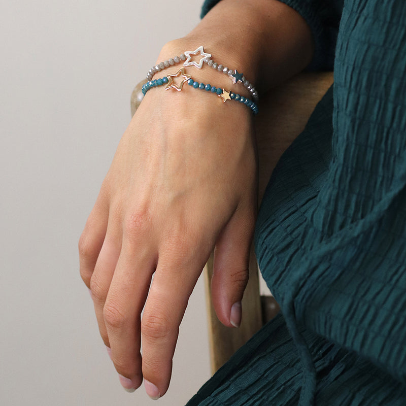 Breichled Gleiniau a Sêr - Gwyrddlas  | Bead Bracelet with Stars - Dusky Teal Blue