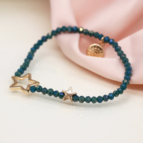 Breichled Gleiniau a Sêr - Gwyrddlas  | Bead Bracelet with Stars - Dusky Teal Blue