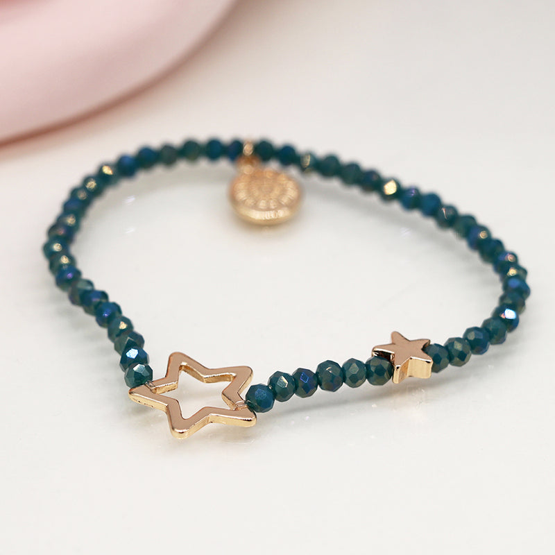 Breichled Gleiniau a Sêr - Gwyrddlas  | Bead Bracelet with Stars - Dusky Teal Blue