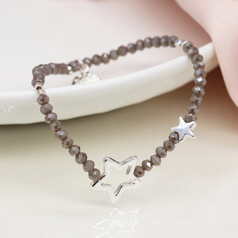 Breichled Gleiniau a Sêr - Llwyd  | Bead Bracelet with Stars - Grey