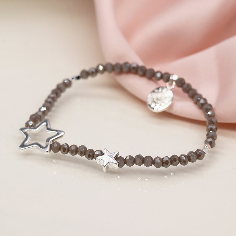 Breichled Gleiniau a Sêr - Llwyd  | Bead Bracelet with Stars - Grey
