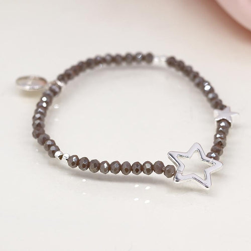 Breichled Gleiniau a Sêr - Llwyd  | Bead Bracelet with Stars - Grey