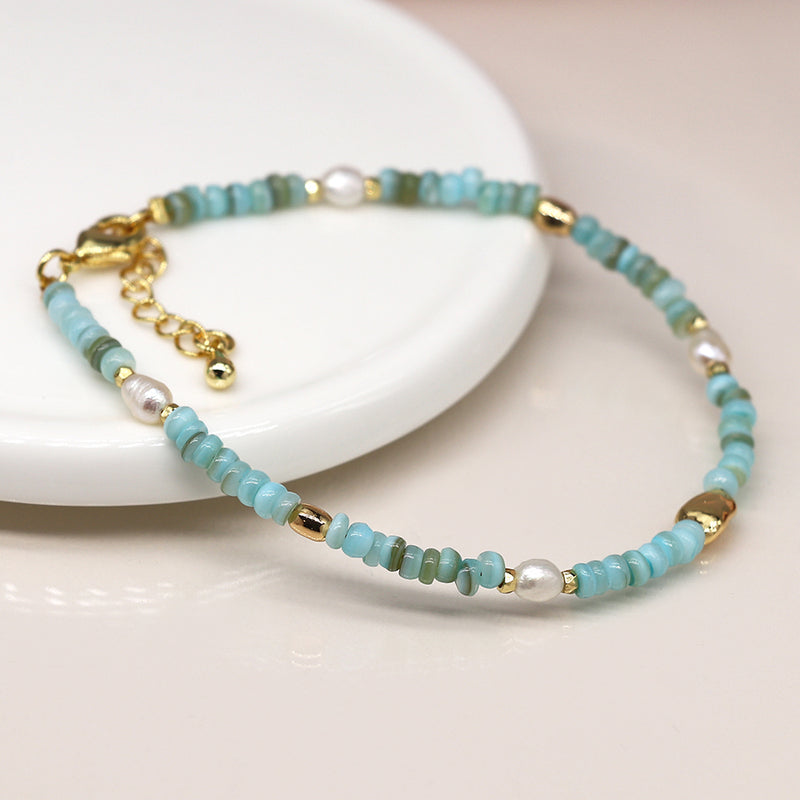 Breichled Gleiniau Hadau - Perlog a Gwyrddlas  | Seed Bead & Pearl Bracelet - Aqua