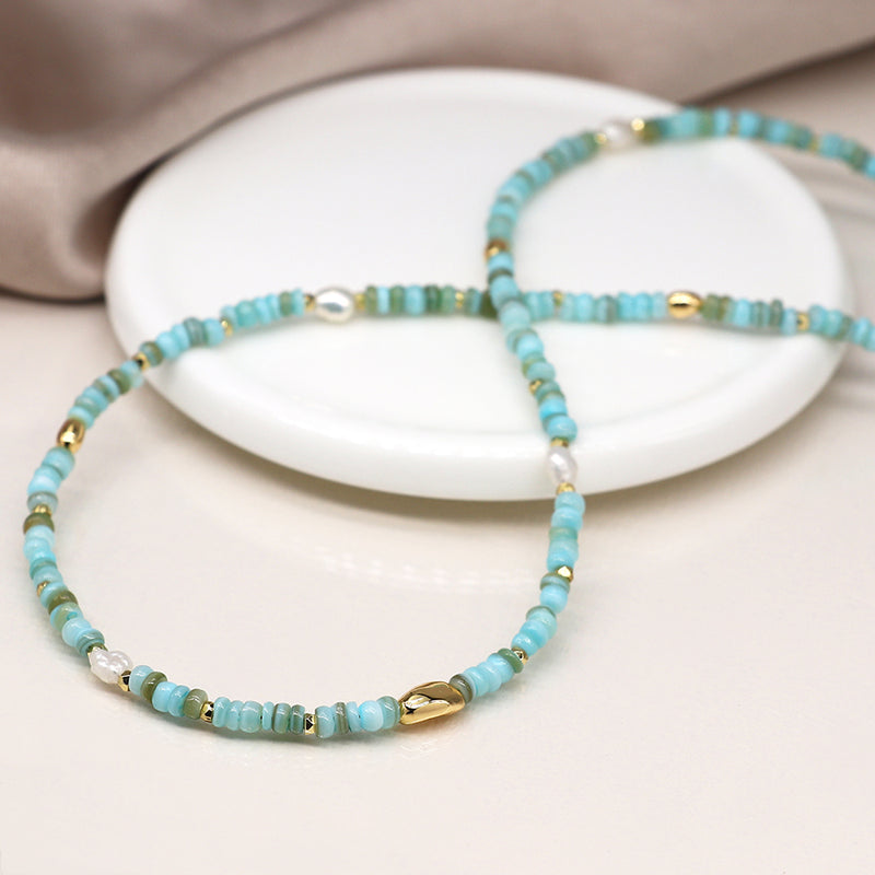 Cadwen Gleiniau Hadau - Perlog a Gwyrddlas  | Seed Bead & Pearl  Necklace - Aqua