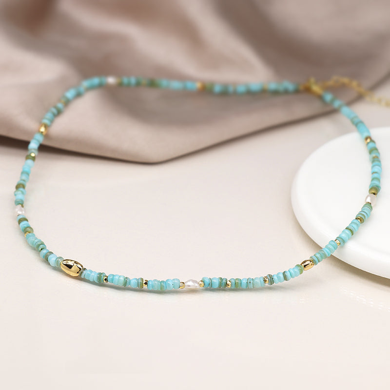 Cadwen Gleiniau Hadau - Perlog a Gwyrddlas  | Seed Bead & Pearl  Necklace - Aqua