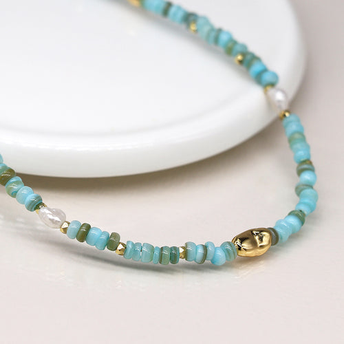 Cadwen Gleiniau Hadau - Perlog a Gwyrddlas  | Seed Bead & Pearl  Necklace - Aqua
