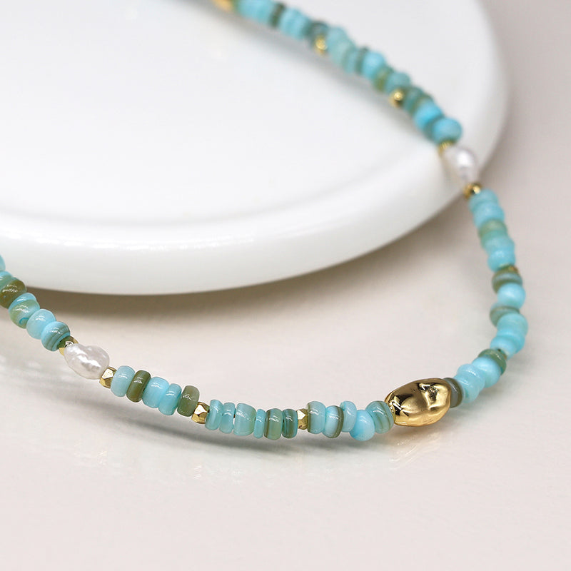 Cadwen Gleiniau Hadau - Perlog a Gwyrddlas  | Seed Bead & Pearl  Necklace - Aqua
