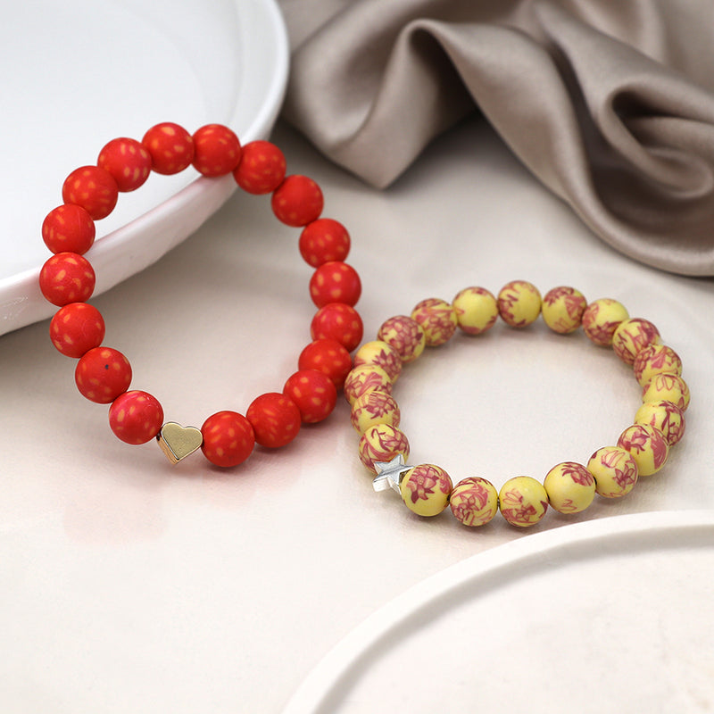 Set Breichled Ddwbl - Coch a Melyn | Matt Bead Double Bracelet Set - Red and Yellow