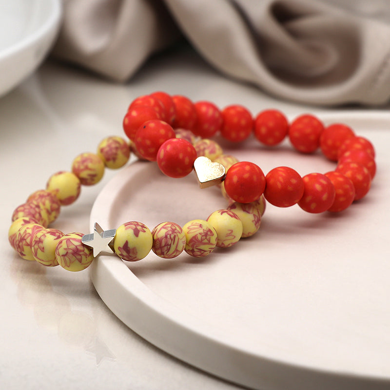 Set Breichled Ddwbl - Coch a Melyn | Matt Bead Double Bracelet Set - Red and Yellow