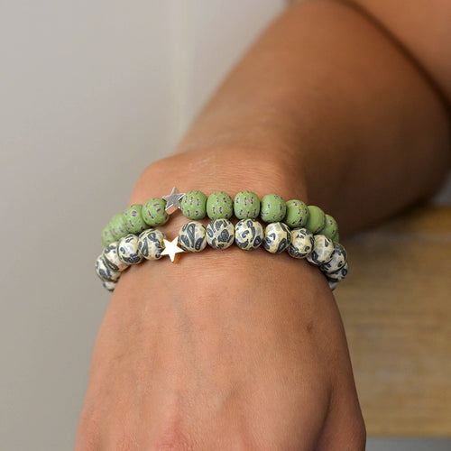 Set Breichled Ddwbl - Gwyrdd | Matt Bead Double Bracelet Set - Green Mix