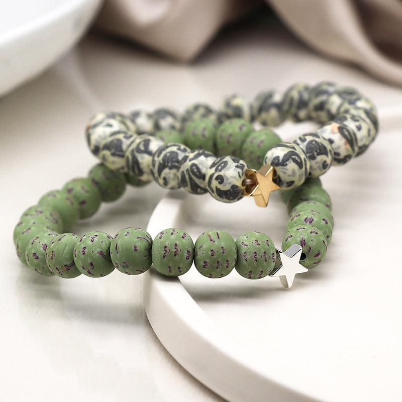 Set Breichled Ddwbl - Gwyrdd | Matt Bead Double Bracelet Set - Green Mix