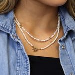 Cadwen Perlau | Ivory Freshwater Pearl and Golden Flower Clasp Necklace