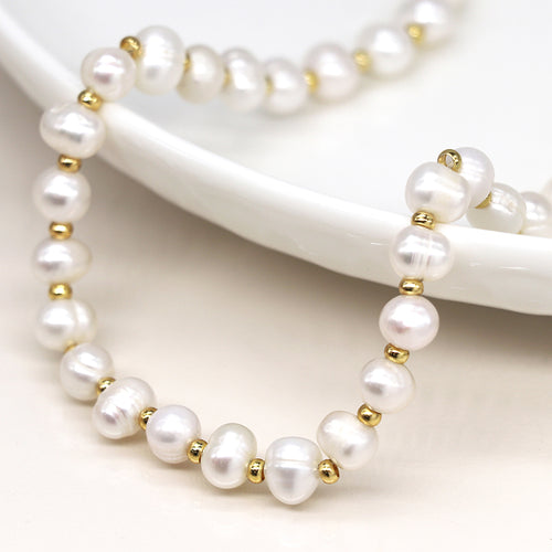 Cadwen Perlau | Ivory Freshwater Pearl and Golden Bead Necklace