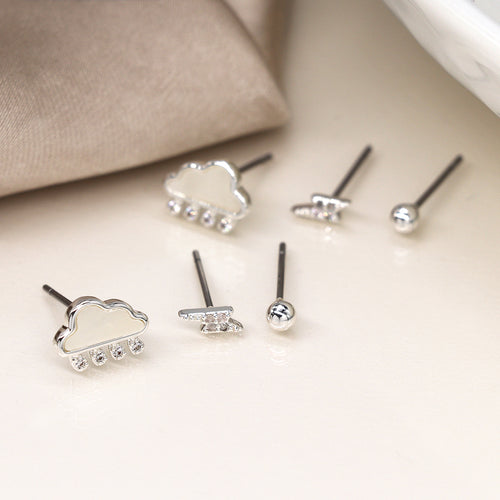 Set o Dri Clustdlysau Styd - Tywydd | Triple Stud Earring Set - Cloud & Lightening