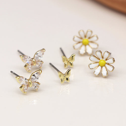 Set o Dri Clustdlysau Styd - Blodau a Phili Pala | Triple Stud Earring Set - Flowers & Butterflies