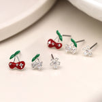 Set o Dri Clustdlysau Styd - Ceirios a Blodau | Triple Stud Earring Set - Cherries & Flower