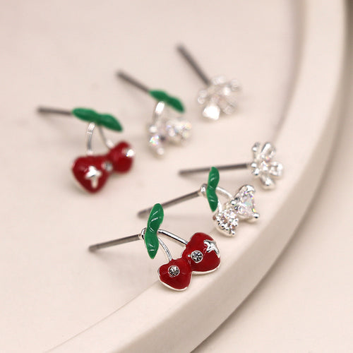 Set o Dri Clustdlysau Styd - Ceirios a Blodau | Triple Stud Earring Set - Cherries & Flower