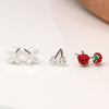 Set o Dri Clustdlysau Styd - Mefus a Blodau | Triple Stud Earring Set - Strawberries & Flower