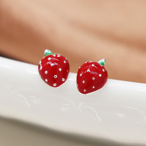Set o Dri Clustdlysau Styd - Mefus a Blodau | Triple Stud Earring Set - Strawberries & Flower