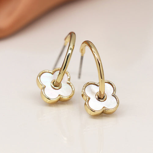 Clustdlysau Blodyn - Aur | C-Hoop Quatrefoil Earrings - Golden