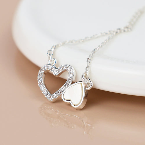 Cadwen Dwy Galon | Silver Plated Topsy Turvy Hearts Necklace