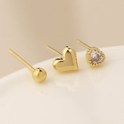 Set o Dri Clustdlysau Styd - Calonnau a Styds | Triple Stud Earring Set - Hearts & Studs