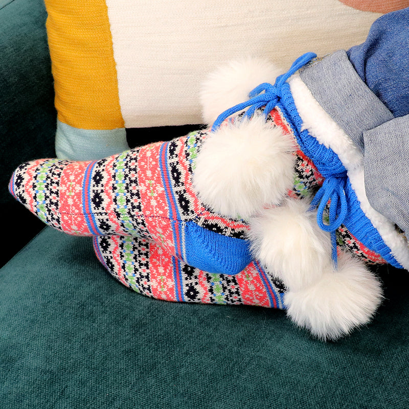 Sanau Sliperi Nordig - Glas | Fair Isle Sherpa Slipper Socks - Bright Blue