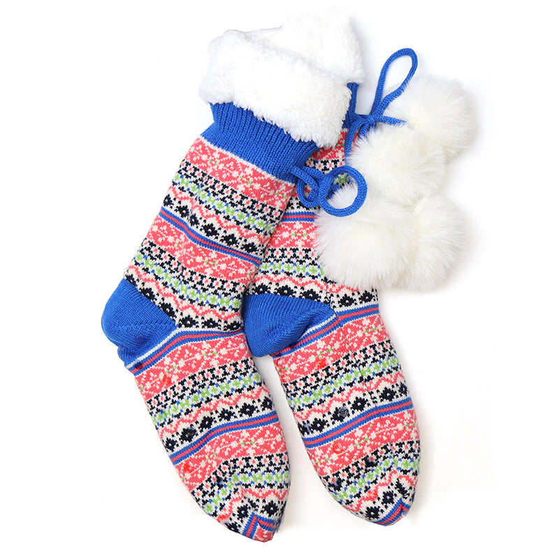 Sanau Sliperi Nordig - Glas | Fair Isle Sherpa Slipper Socks - Bright Blue
