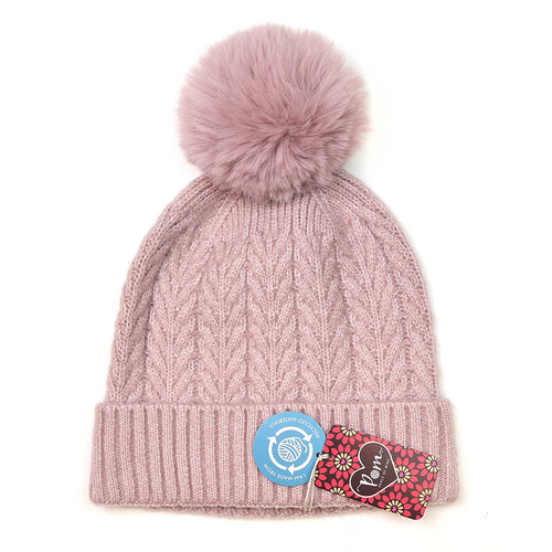 Dusky pink recycled herringbone bobble hat