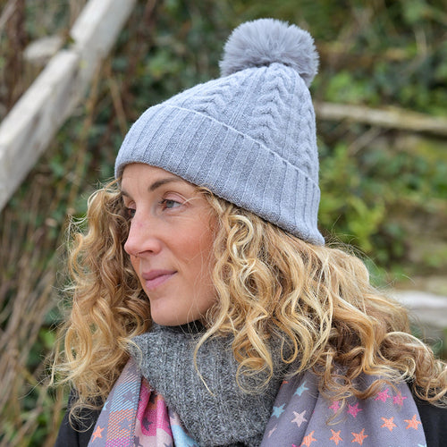 Grey recycled herringbone bobble hat