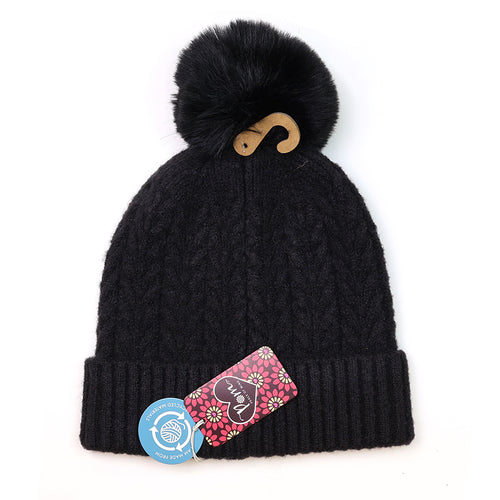 Black recycled herringbone bobble hat