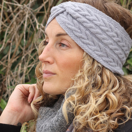 Grey recycled herringbone knot twist headband