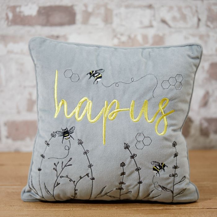 Chlustog Gwenyn a Hapus | Grey "Hapus" and Bee Cushion