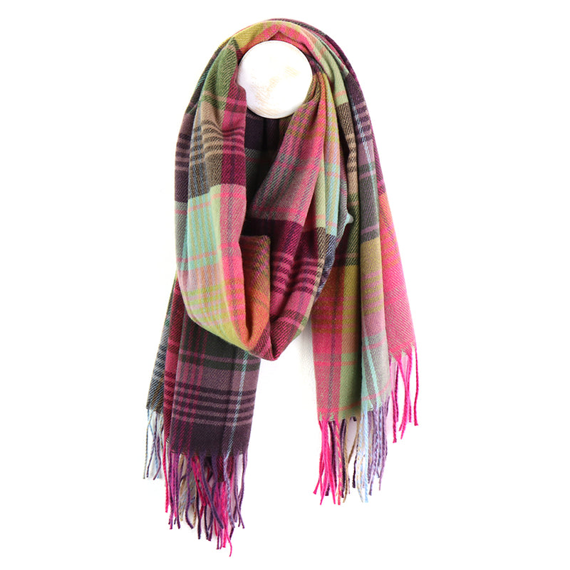 Sgarff Siec Gwyrd | Muted Green & Pink Mix Check Scarf