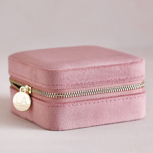 Cas Gemwaith Teithio Melfed - Pinc | Square Velvet Travel Jewellery Case - Rose Pink