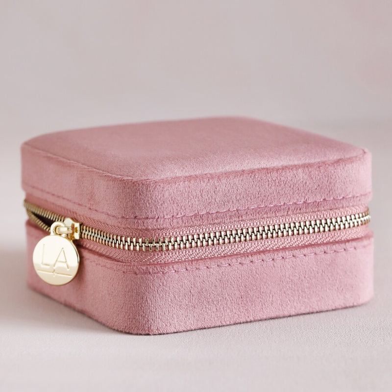 Cas Gemwaith Teithio Melfed - Pinc | Square Velvet Travel Jewellery Case - Rose Pink