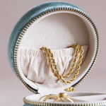 Cas Gemwaith Teithio Melfed - Mintys | Round Velvet Travel Jewellery Case - Mint Green