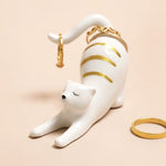 Daliwr Modrwyau Cath Seramig yn Ymestyn | Ceramic Stretching Cat Ring Holder