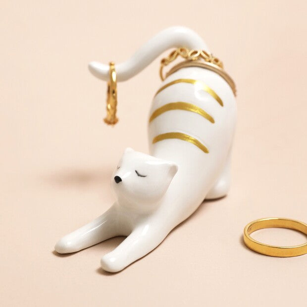 Daliwr Modrwyau Cath Seramig yn Ymestyn | Ceramic Stretching Cat Ring Holder