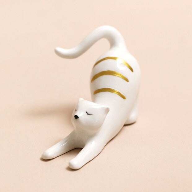 Daliwr Modrwyau Cath Seramig yn Ymestyn | Ceramic Stretching Cat Ring Holder
