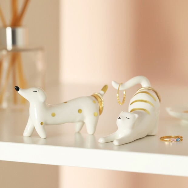 Daliwr Modrwyau Cath Seramig yn Ymestyn | Ceramic Stretching Cat Ring Holder