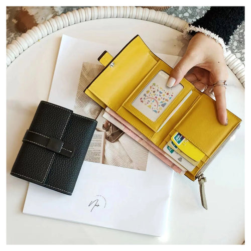 Pwrs Lledr Dau Liw | Large Two Tone Leather Purse - Grey/Yellow